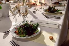 Elegant first course setting for a catered event by Casa Nova Custom Catering, Santa Fe, NM